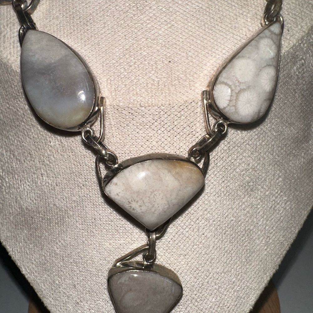 Sterling Silver White Fossil Coral Teardrop Necklace